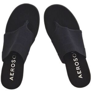 Aerosoles Ilectra Wedge Thong Sandals 7 Black Stretch Fabric Soft Velvet Footbed